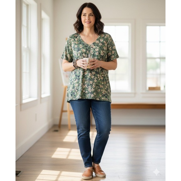 Woman Within Top Plus Size‎ 1X 22 24 Green Floral Flower V Neck T Shirt Tee Boho - Picture 7 of 8